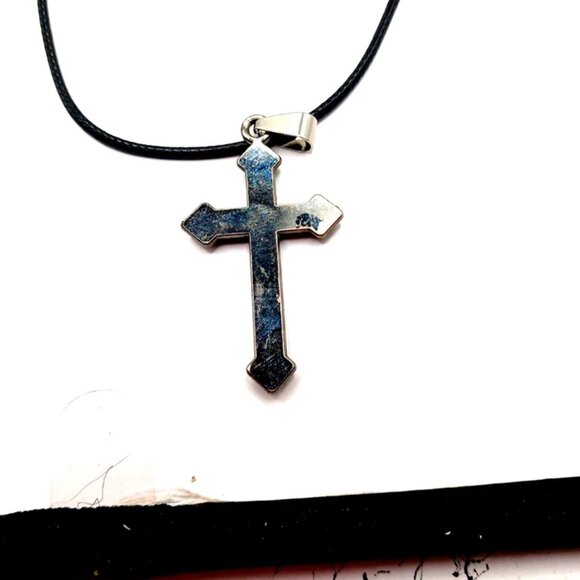 Black + Rhinestone Cross On Black Cord Choker Necklace 17" - Picture 9 of 10